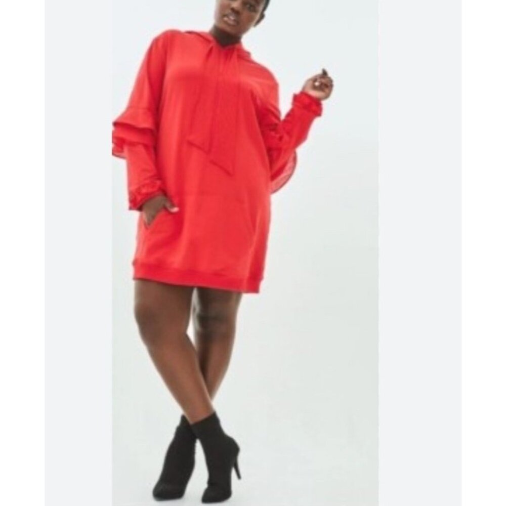 NWT Elvi UK Hoodie Shirt Dress 4 / S Ruffle Mesh Red Holiday Christmas